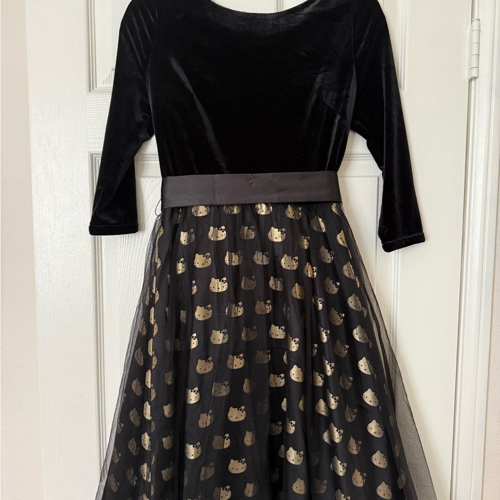 Black Velvet Dress with Gold Hello Kitty Print Skirt